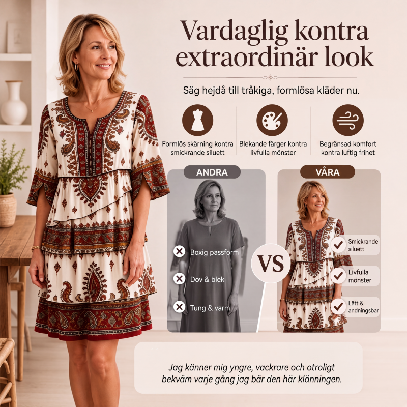 Kvinnors vintage-etnisk tryckt vågig klänning