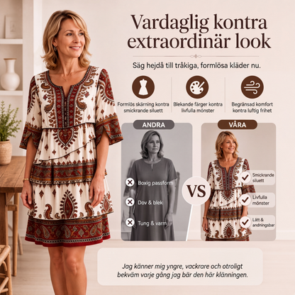 Kvinnors vintage-etnisk tryckt vågig klänning