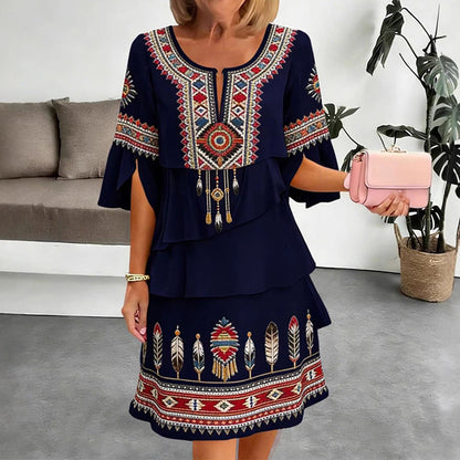 Kvinnors vintage-etnisk tryckt vågig klänning