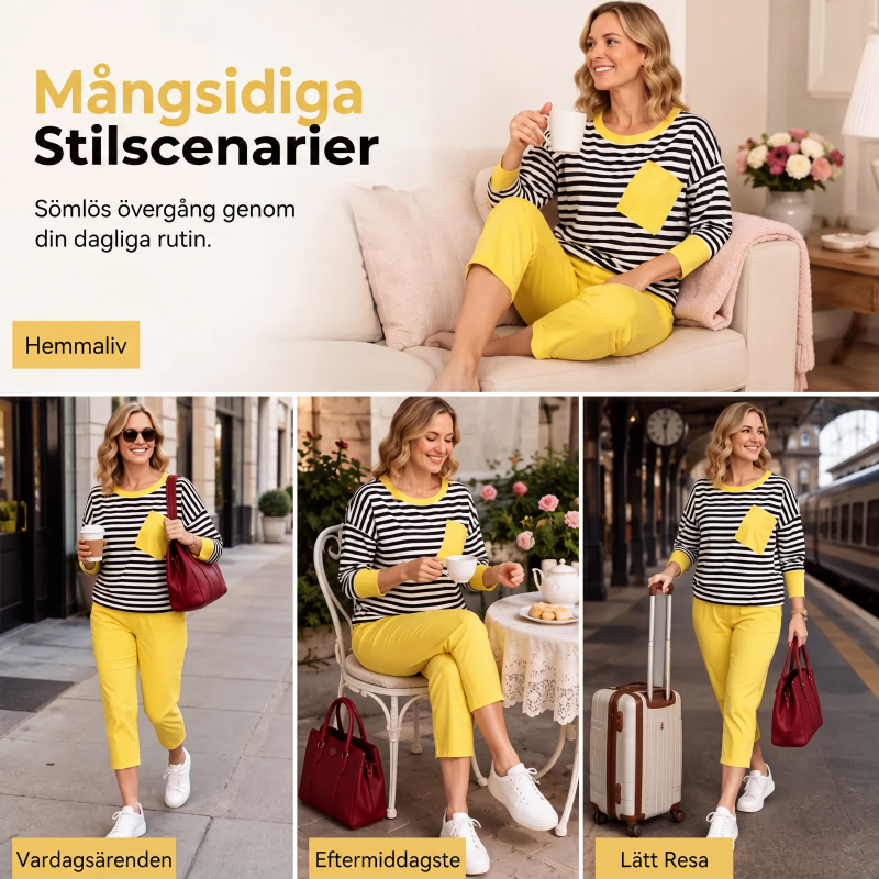 Tvådelat set för kvinnor med randig långärmad topp och byxor