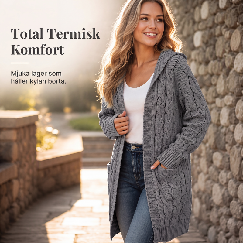Lång huvtröja i stickat för kvinnor med fickor