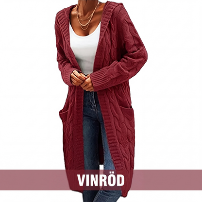 Lång huvtröja i stickat för kvinnor med fickor
