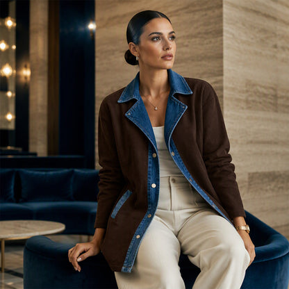 Kvinnors ledig jacka i patchwork av denim