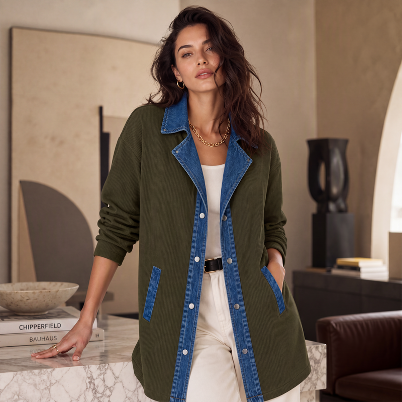Kvinnors ledig jacka i patchwork av denim