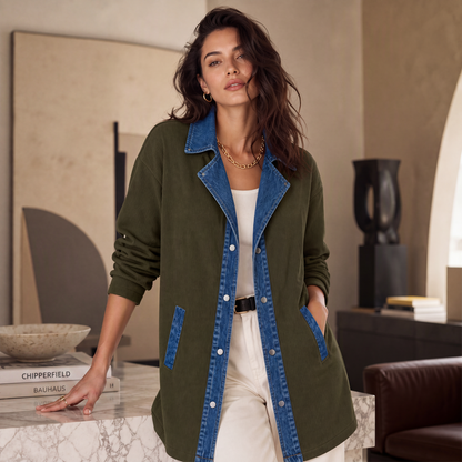 Kvinnors ledig jacka i patchwork av denim