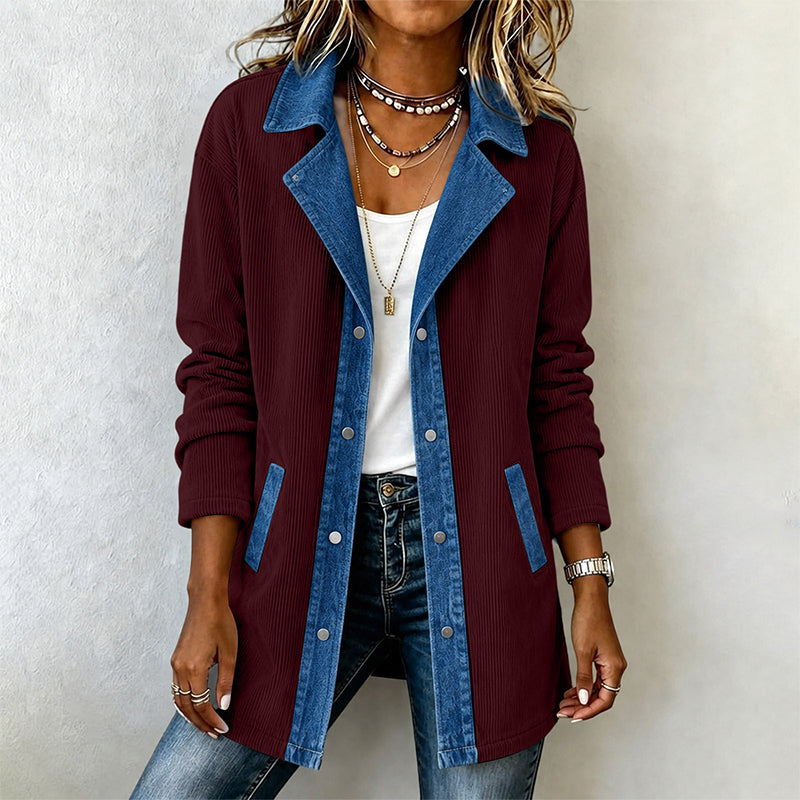 Kvinnors ledig jacka i patchwork av denim