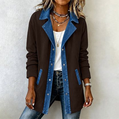 Kvinnors ledig jacka i patchwork av denim