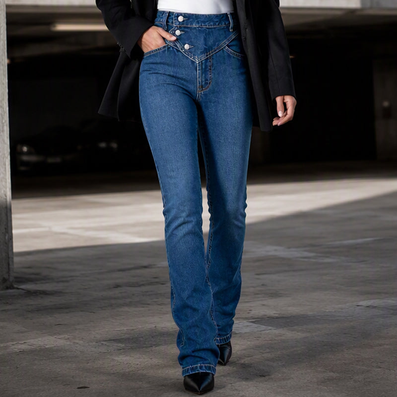 Asymmetriska jeans med hög midja och korsat ben för damer