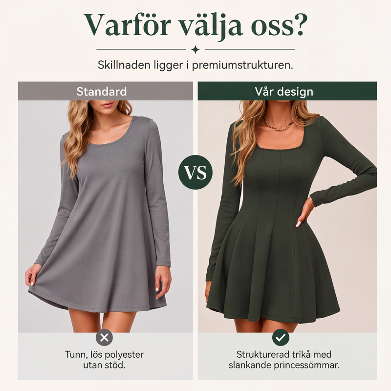 Bästsäljare🔥 👗 Fyrkantig halsurningsklänning med A-linje – långa ärmar för en elegant silhuett