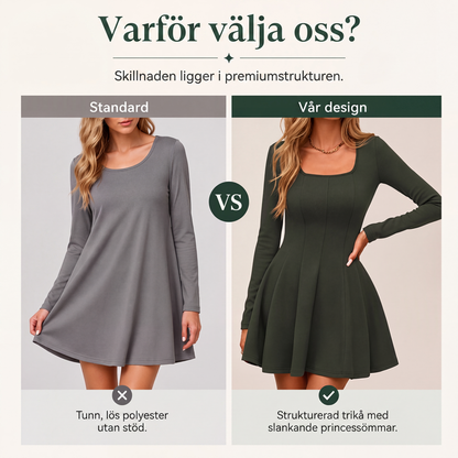 Bästsäljare🔥 👗 Fyrkantig halsurningsklänning med A-linje – långa ärmar för en elegant silhuett