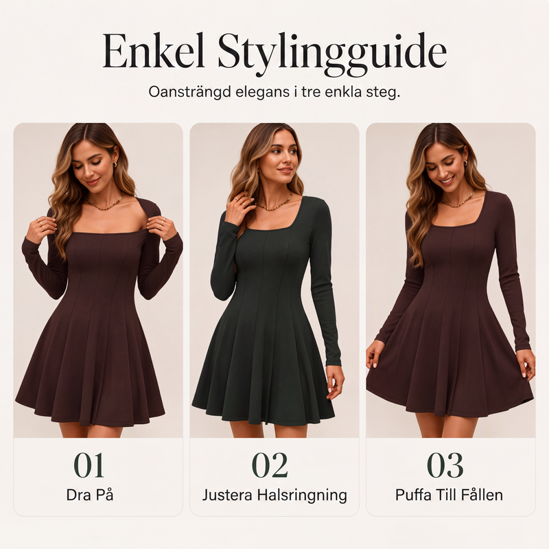 Bästsäljare🔥 👗 Fyrkantig halsurningsklänning med A-linje – långa ärmar för en elegant silhuett