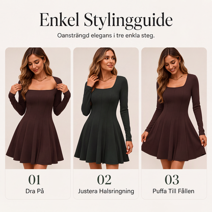 Bästsäljare🔥 👗 Fyrkantig halsurningsklänning med A-linje – långa ärmar för en elegant silhuett