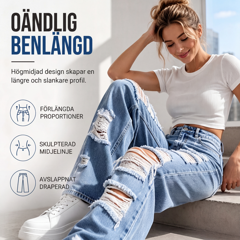 👖Damjeans med revor, vida ben och sliten design, högmidjade jeansbyxor