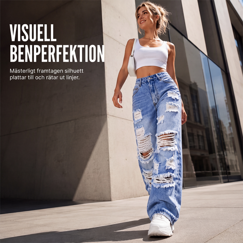 👖Damjeans med revor, vida ben och sliten design, högmidjade jeansbyxor