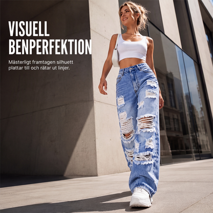 👖Damjeans med revor, vida ben och sliten design, högmidjade jeansbyxor