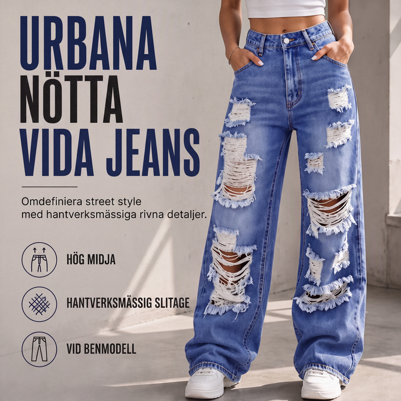 👖Damjeans med revor, vida ben och sliten design, högmidjade jeansbyxor