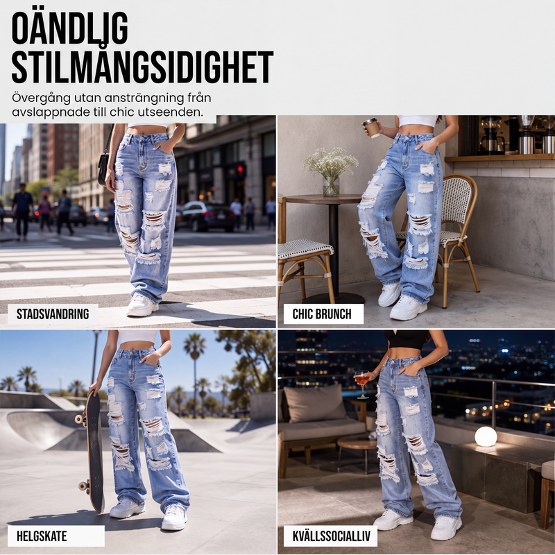👖Damjeans med revor, vida ben och sliten design, högmidjade jeansbyxor