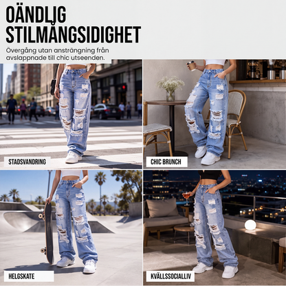 👖Damjeans med revor, vida ben och sliten design, högmidjade jeansbyxor
