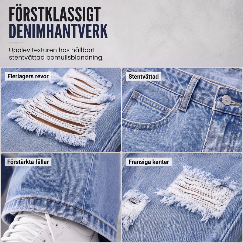 👖Damjeans med revor, vida ben och sliten design, högmidjade jeansbyxor
