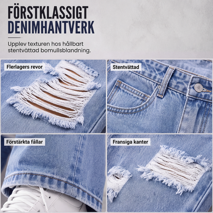 👖Damjeans med revor, vida ben och sliten design, högmidjade jeansbyxor