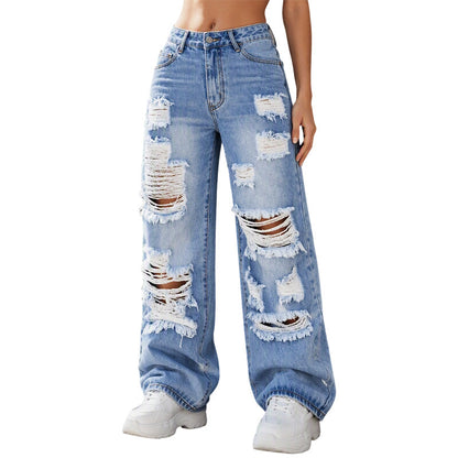 👖Damjeans med revor, vida ben och sliten design, högmidjade jeansbyxor