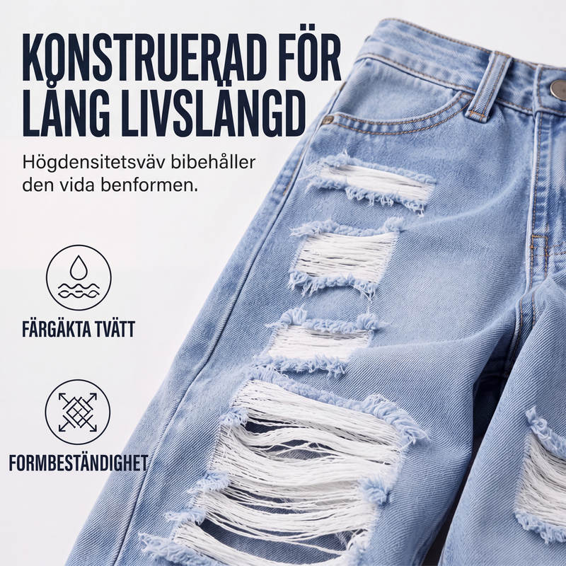 👖Damjeans med revor, vida ben och sliten design, högmidjade jeansbyxor