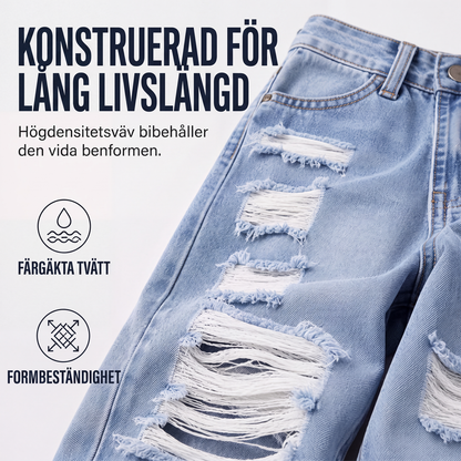 👖Damjeans med revor, vida ben och sliten design, högmidjade jeansbyxor
