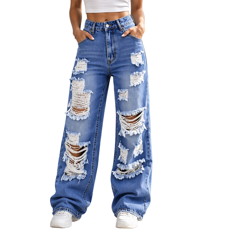 👖Damjeans med revor, vida ben och sliten design, högmidjade jeansbyxor