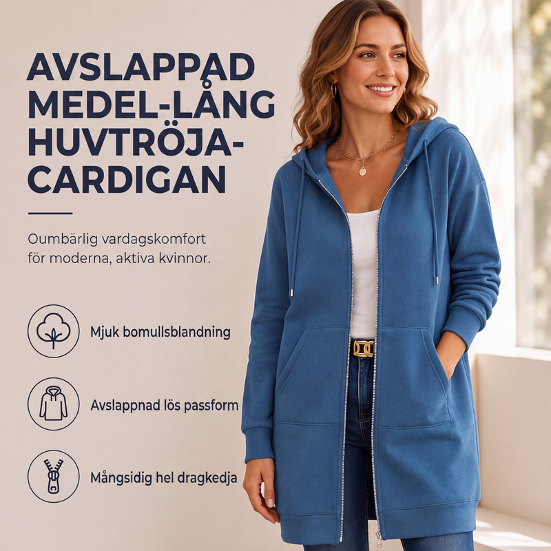 🧥Medellång huvtröja för kvinnor, ledig kofta med dragkedja och fickor