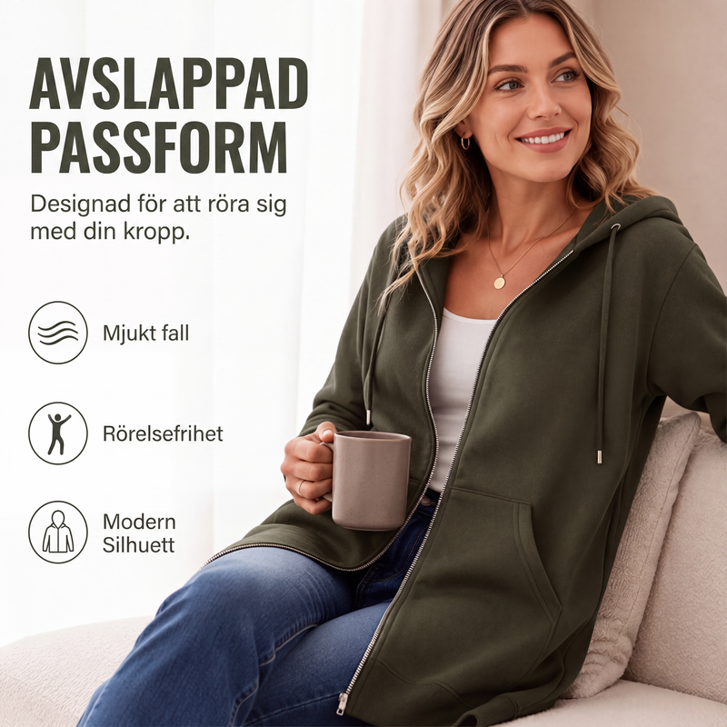 🧥Medellång huvtröja för kvinnor, ledig kofta med dragkedja och fickor