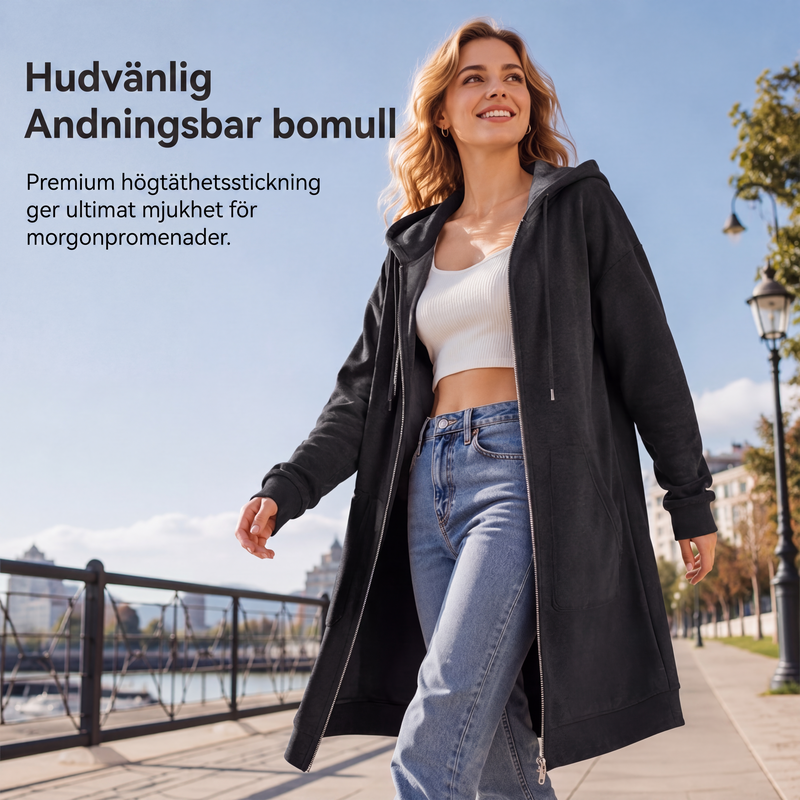 🧥Medellång huvtröja för kvinnor, ledig kofta med dragkedja och fickor