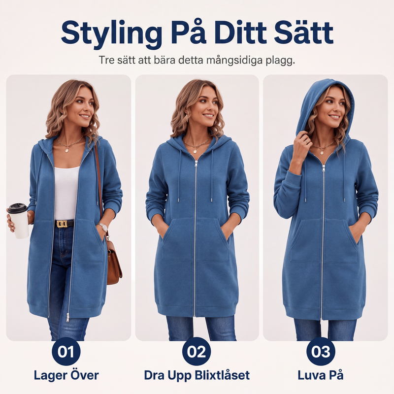 🧥Medellång huvtröja för kvinnor, ledig kofta med dragkedja och fickor