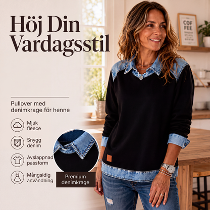 Bästsäljare🔥-Damls sweatshirt med långa ärmar och denim patchwork