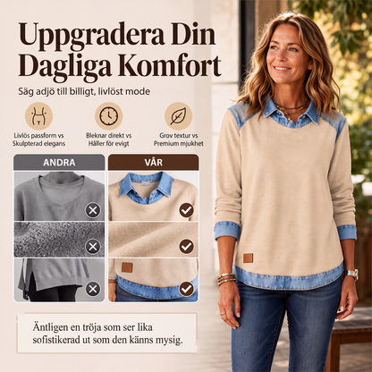Bästsäljare🔥-Damls sweatshirt med långa ärmar och denim patchwork