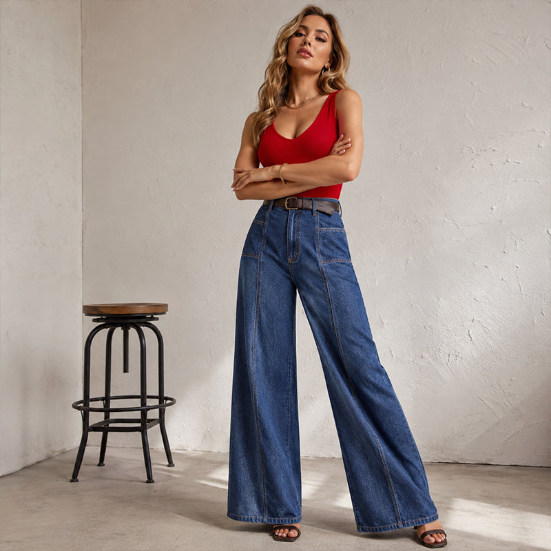 Kvinnors lediga jeans med vida ben och hög midja