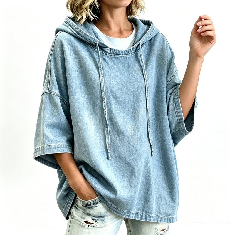 Damavslappnad luvtröja i denim med lös passform
