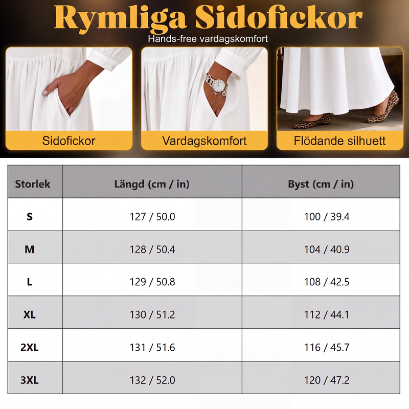 Damig löst sittande långärmad maxiklänning med fickor
