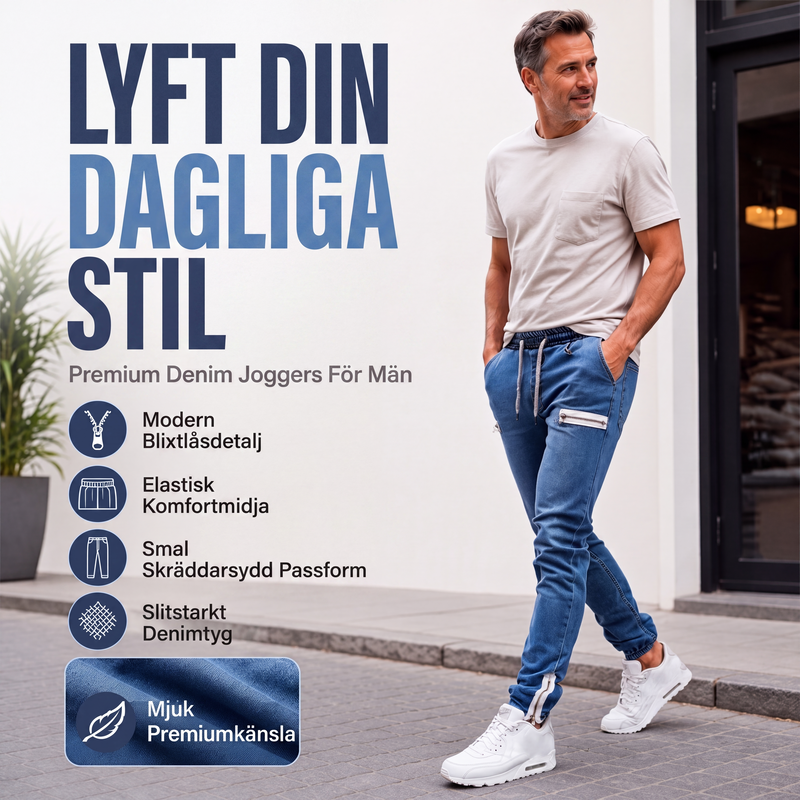 Smalpassade jeansjoggers för män med elastisk midja