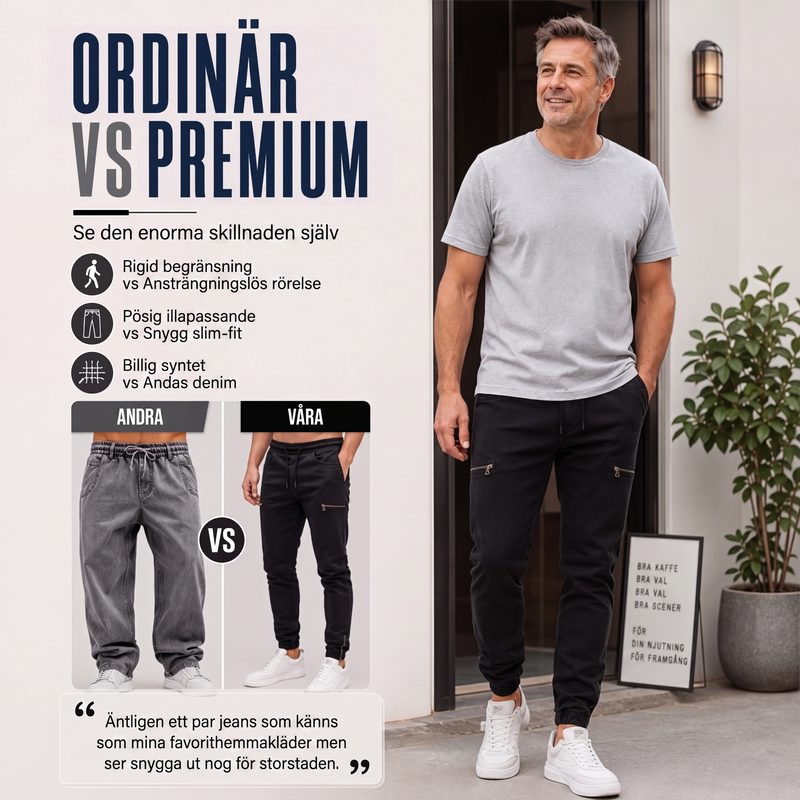 Smalpassade jeansjoggers för män med elastisk midja