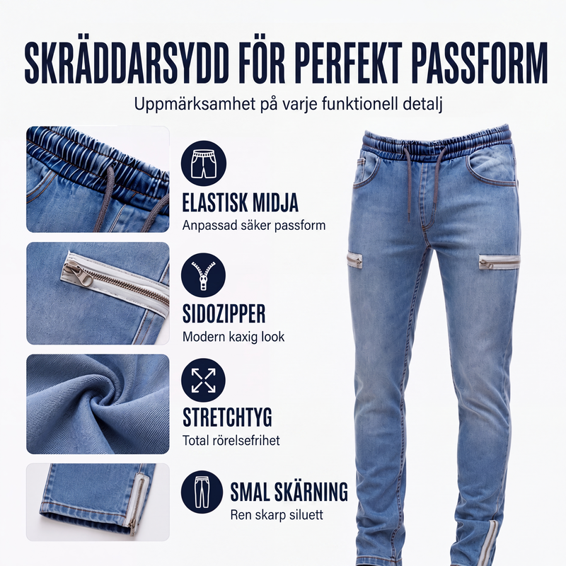 Smalpassade jeansjoggers för män med elastisk midja