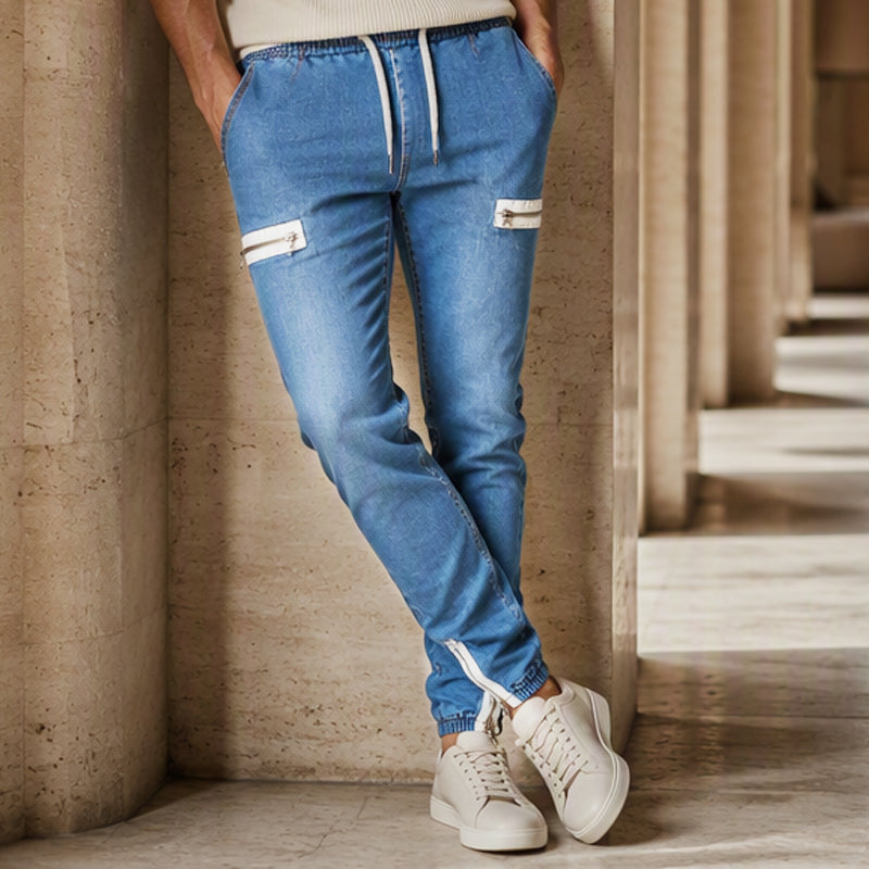 Smalpassade jeansjoggers för män med elastisk midja