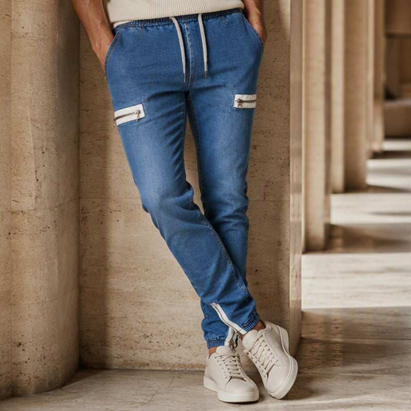 Smalpassade jeansjoggers för män med elastisk midja