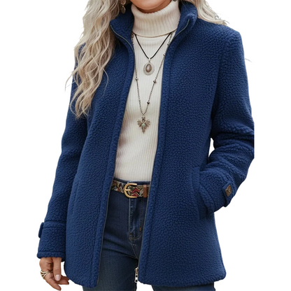 Damjacka med ståkrage, plysch och fickor