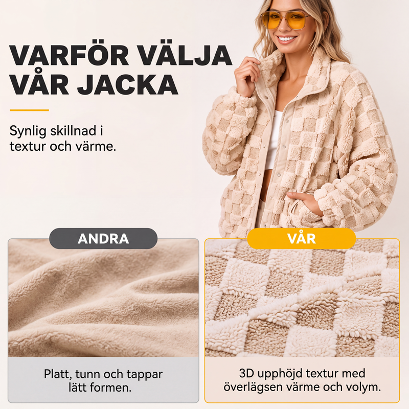 Dammig plyschjacka med rutmönster och tryckknappar
