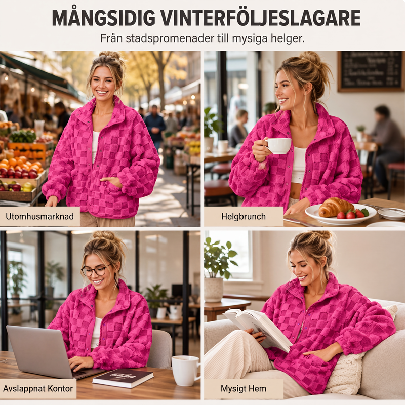 Dammig plyschjacka med rutmönster och tryckknappar