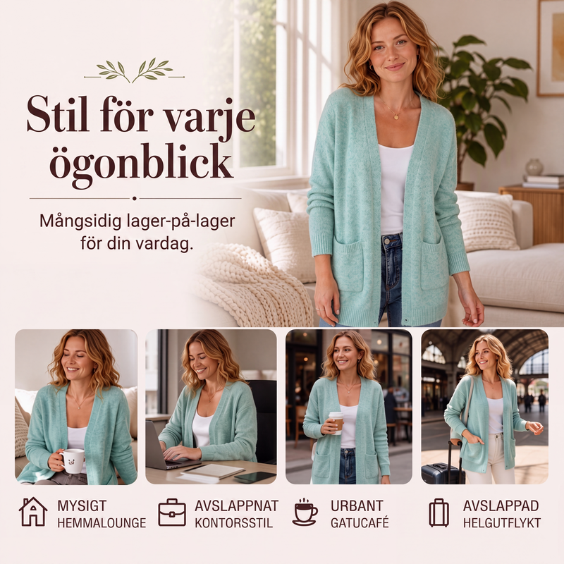 Kvinnlig ledig stickad kofta med öppen framsida
