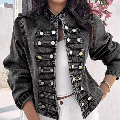 Kvinnors vintage symmetrisk knappad jeansjacka