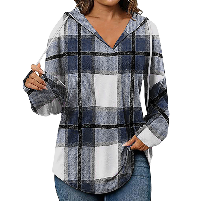 Bästsäljare🔥|Damernas Rutig V-ringad Tröja med Huva – Bekväm Långärmad Hösttopp