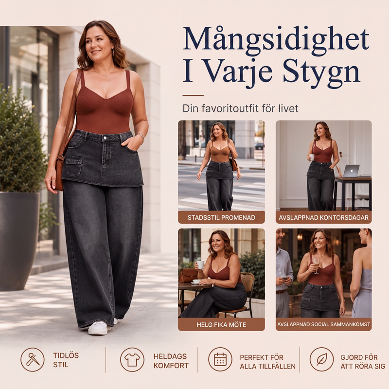 Kjol lager ovanpå denimjeans för kvinnor