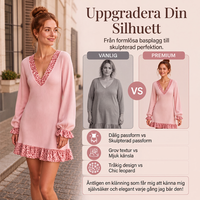 Damstickad klänning med lanternärmar och V-ringning